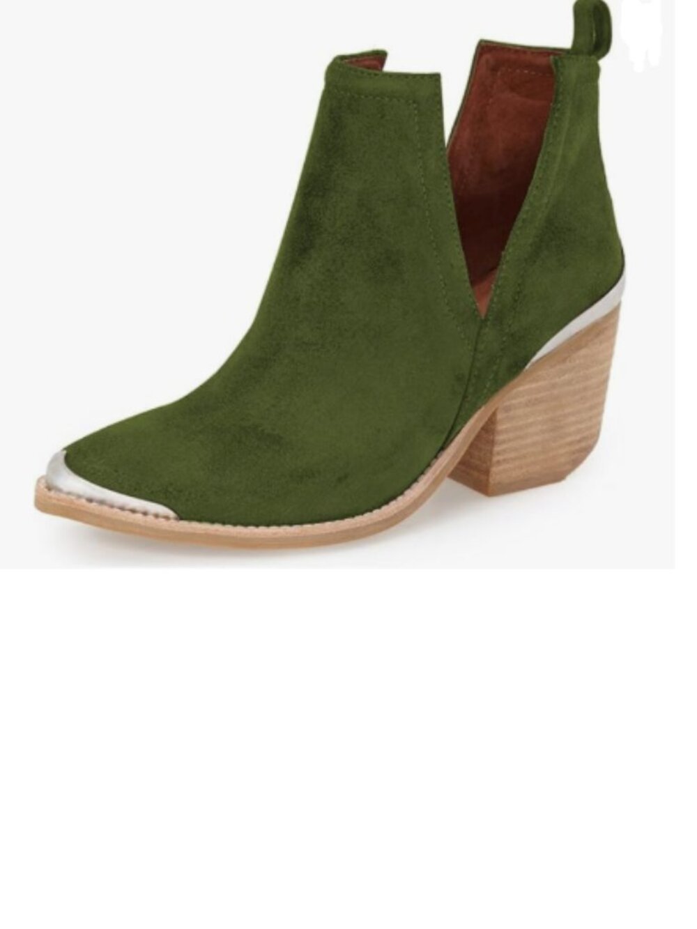 YDN Olive Low Heeled Ankle Boots Faux Suede Cowboy Booties Cutout with Metal Toe